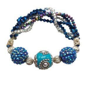 Handcrafted Blue Iridescent Crystal Bead Stretch Bracelet Silver Tone Accents